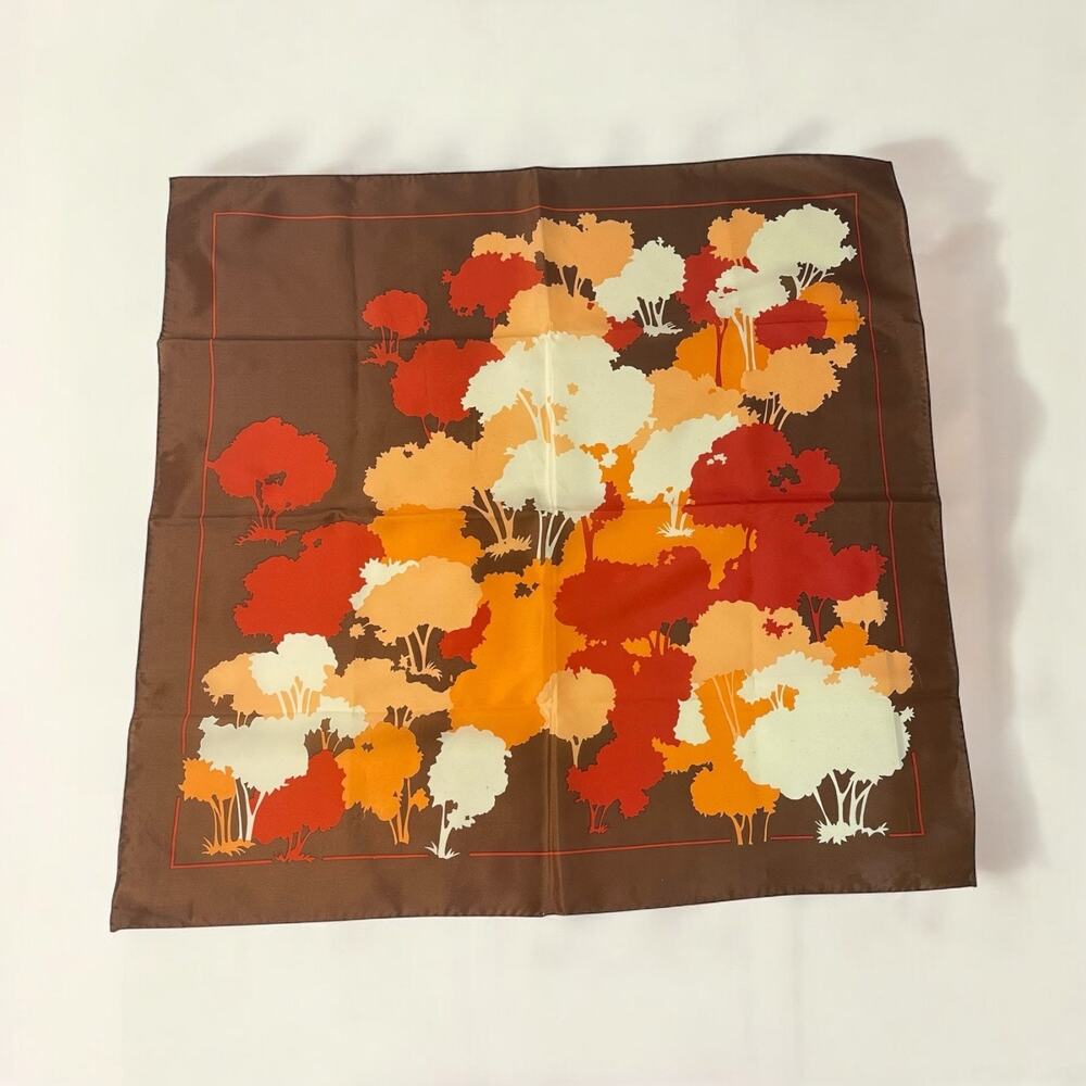 Nasharr Freres Ltd. Vintage 1970s Autumn Trees Polyester Scarf 21” Square